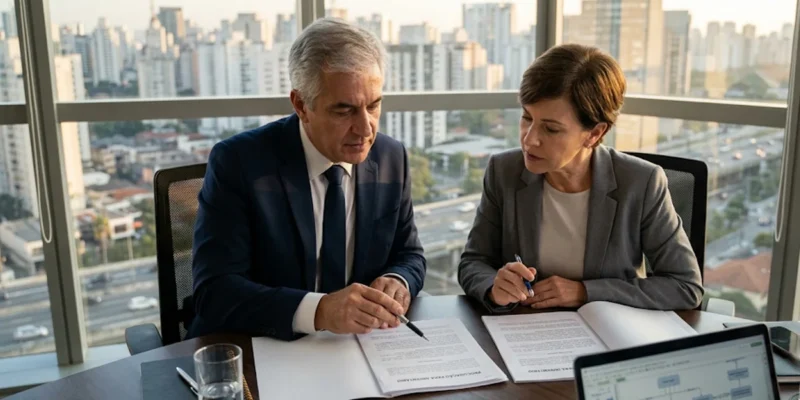 otografia corporativa moderna de dois advogados seniores na Grande São Paulo, em uma mesa de reunião, analisando documentos complexos