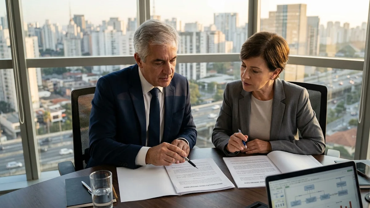 otografia corporativa moderna de dois advogados seniores na Grande São Paulo, em uma mesa de reunião, analisando documentos complexos
