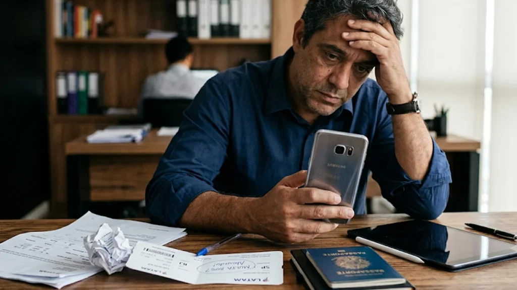 Close-up fotográfico de um homem segurando um smartphone com e-mail sobre multa abusiva de passagem aérea em um escritório em São Paulo, com documentos amassados e passaporte visível.