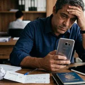 Close-up fotográfico de um homem segurando um smartphone com e-mail sobre multa abusiva de passagem aérea em um escritório em São Paulo, com documentos amassados e passaporte visível.