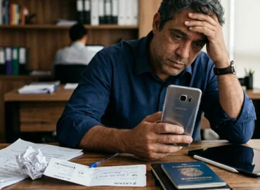 Close-up fotográfico de um homem segurando um smartphone com e-mail sobre multa abusiva de passagem aérea em um escritório em São Paulo, com documentos amassados e passaporte visível.