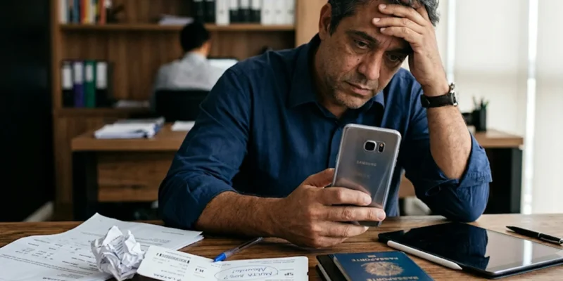 Close-up fotográfico de um homem segurando um smartphone com e-mail sobre multa abusiva de passagem aérea em um escritório em São Paulo, com documentos amassados e passaporte visível.