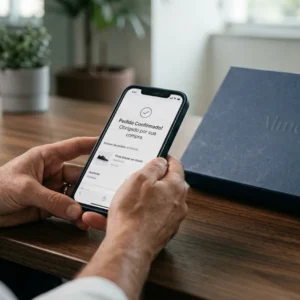 Consumidor analisando comprovante de compra de tênis no celular em um escritório moderno em São Paulo.