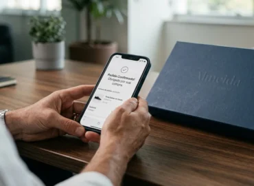 Consumidor analisando comprovante de compra de tênis no celular em um escritório moderno em São Paulo.