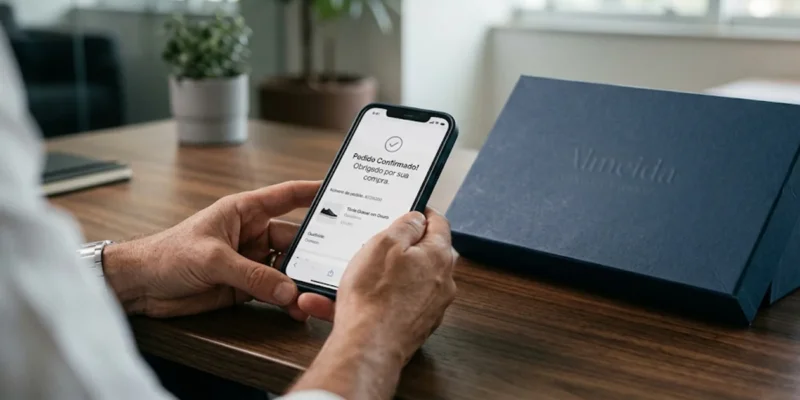 Consumidor analisando comprovante de compra de tênis no celular em um escritório moderno em São Paulo.