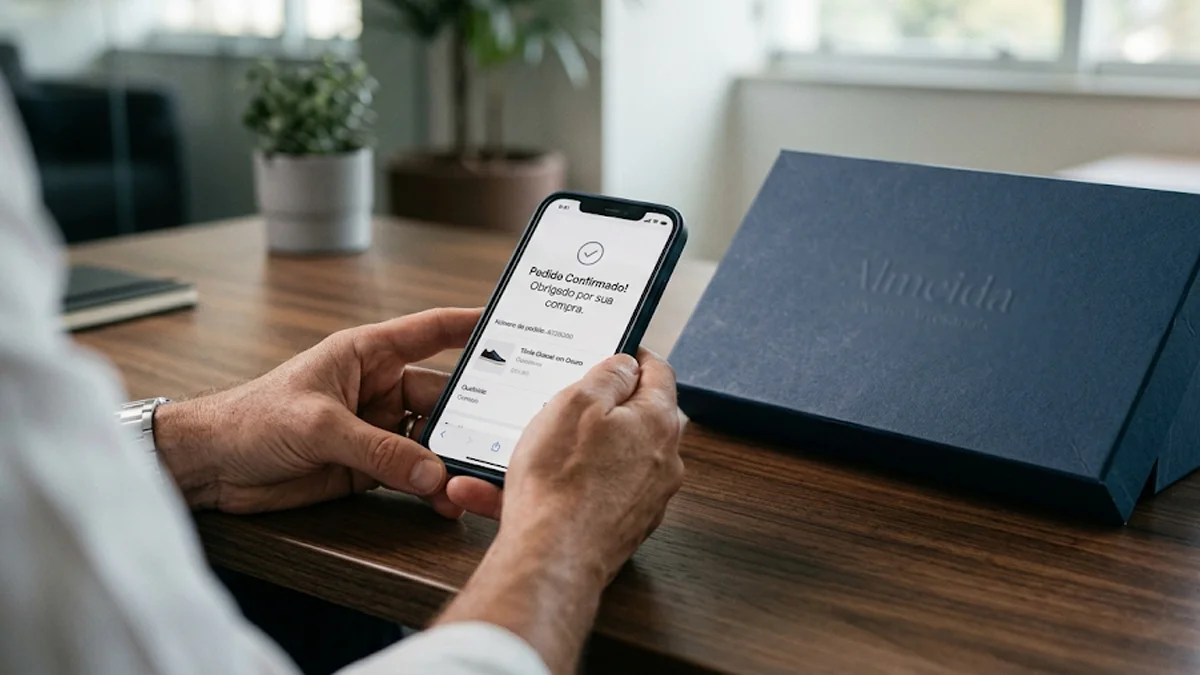 Consumidor analisando comprovante de compra de tênis no celular em um escritório moderno em São Paulo.