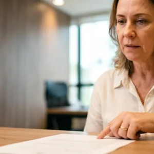 Mulher madura em escritório de advocacia em São Paulo analisando documento com dúvidas sobre PPP, buscando retificação para aposentadoria.