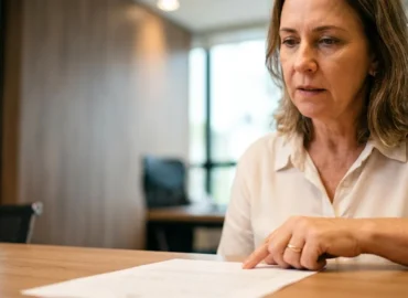Mulher madura em escritório de advocacia em São Paulo analisando documento com dúvidas sobre PPP, buscando retificação para aposentadoria.