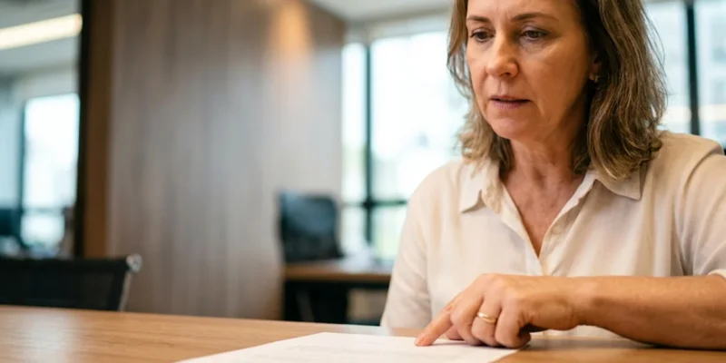 Mulher madura em escritório de advocacia em São Paulo analisando documento com dúvidas sobre PPP, buscando retificação para aposentadoria.