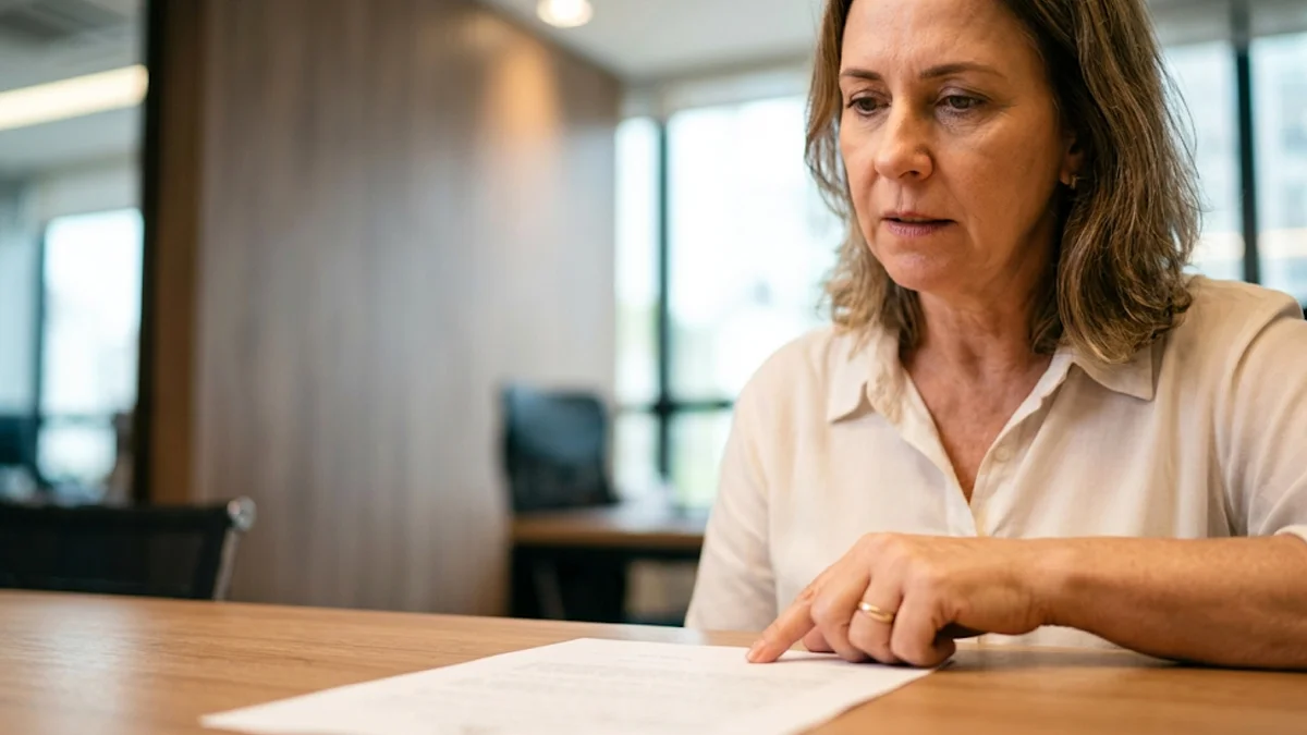 Mulher madura em escritório de advocacia em São Paulo analisando documento com dúvidas sobre PPP, buscando retificação para aposentadoria.