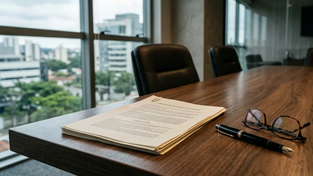 Documentos contratuais e caneta sobre mesa de reunião representando a análise legal das penalidades para morador inadimplente em condomínio.
