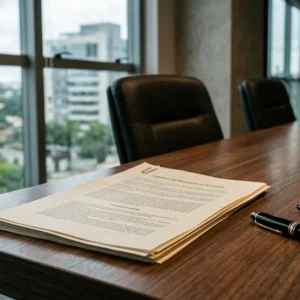 Documentos contratuais e caneta sobre mesa de reunião representando a análise legal das penalidades para morador inadimplente em condomínio.