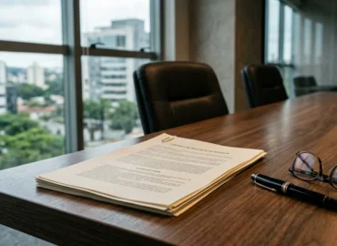Documentos contratuais e caneta sobre mesa de reunião representando a análise legal das penalidades para morador inadimplente em condomínio.