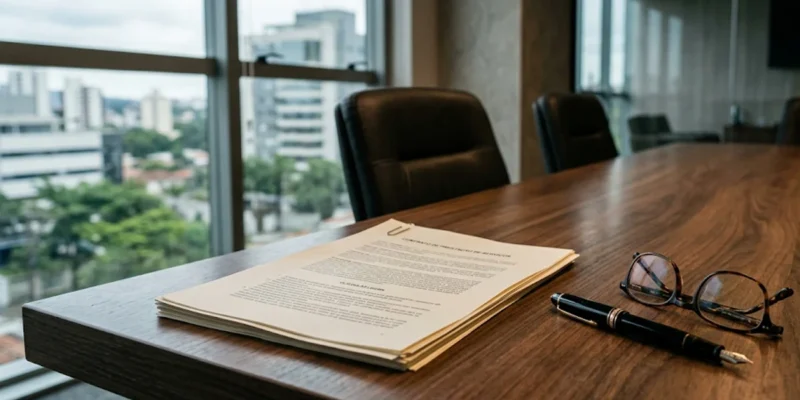 Documentos contratuais e caneta sobre mesa de reunião representando a análise legal das penalidades para morador inadimplente em condomínio.