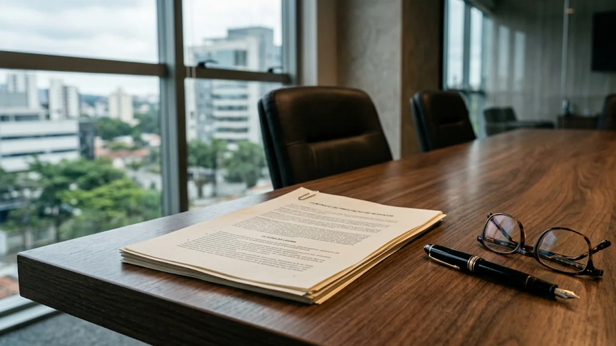 Documentos contratuais e caneta sobre mesa de reunião representando a análise legal das penalidades para morador inadimplente em condomínio.
