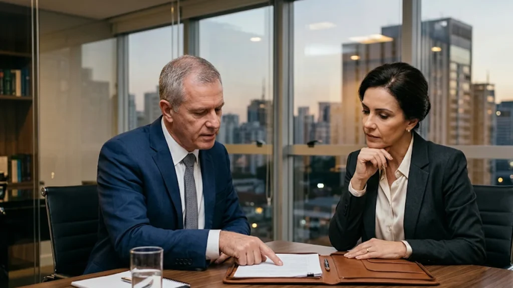 Dois profissionais maduros, ambos vestindo trajes sociais discretos e elegantes, estão sentados ao redor de uma mesa de reunião