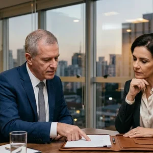 Dois profissionais maduros, ambos vestindo trajes sociais discretos e elegantes, estão sentados ao redor de uma mesa de reunião