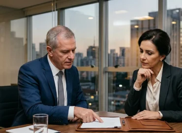 Dois profissionais maduros, ambos vestindo trajes sociais discretos e elegantes, estão sentados ao redor de uma mesa de reunião