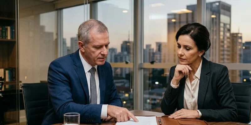Dois profissionais maduros, ambos vestindo trajes sociais discretos e elegantes, estão sentados ao redor de uma mesa de reunião
