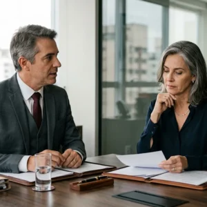 Uma reunião consultiva em um escritório de advocacia moderno em São Paulo, mostrando um advogado sênior conversando com dois clientes maduros sobre documentos jurídicos. Foco em expressões sérias e ambiente profissional.