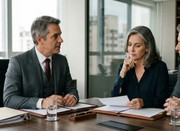 Uma reunião consultiva em um escritório de advocacia moderno em São Paulo, mostrando um advogado sênior conversando com dois clientes maduros sobre documentos jurídicos. Foco em expressões sérias e ambiente profissional.