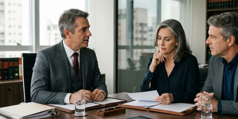 Uma reunião consultiva em um escritório de advocacia moderno em São Paulo, mostrando um advogado sênior conversando com dois clientes maduros sobre documentos jurídicos. Foco em expressões sérias e ambiente profissional.