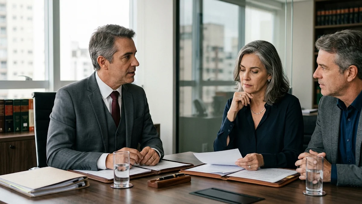 Uma reunião consultiva em um escritório de advocacia moderno em São Paulo, mostrando um advogado sênior conversando com dois clientes maduros sobre documentos jurídicos. Foco em expressões sérias e ambiente profissional.