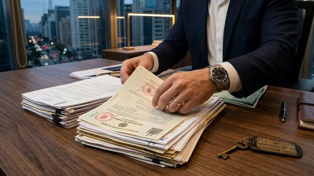 Advogado em São Paulo revisando documentos de imóveis e veículos para incluir bens em inventário, focado em precisão jurídica e regularização para herdeiros.