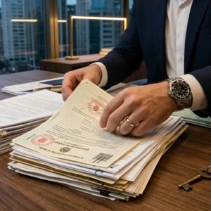 Advogado em São Paulo revisando documentos de imóveis e veículos para incluir bens em inventário, focado em precisão jurídica e regularização para herdeiros.