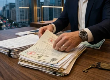 Advogado em São Paulo revisando documentos de imóveis e veículos para incluir bens em inventário, focado em precisão jurídica e regularização para herdeiros.