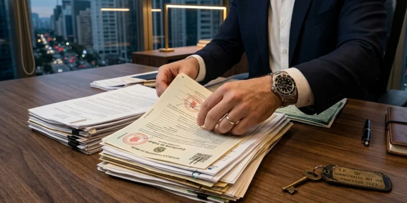 Advogado em São Paulo revisando documentos de imóveis e veículos para incluir bens em inventário, focado em precisão jurídica e regularização para herdeiros.