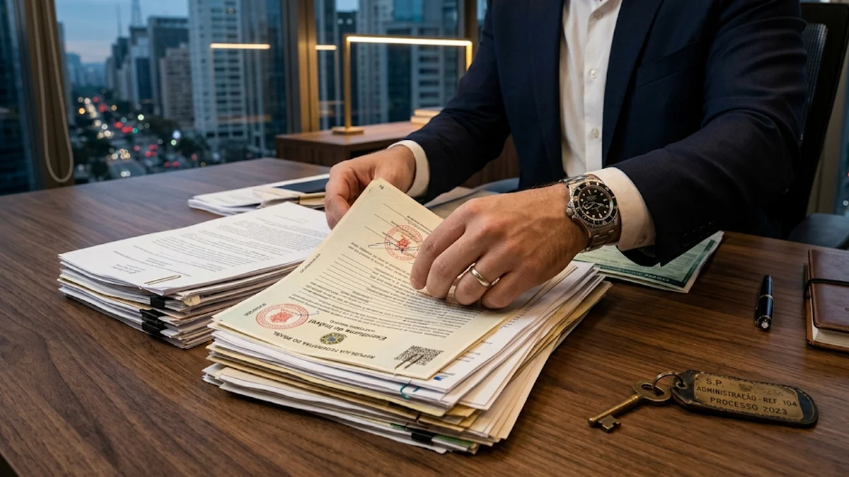Advogado em São Paulo revisando documentos de imóveis e veículos para incluir bens em inventário, focado em precisão jurídica e regularização para herdeiros.