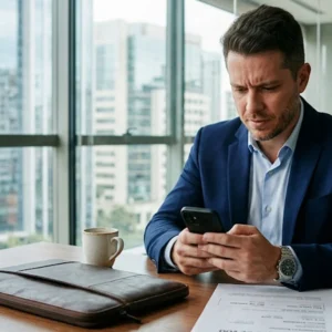 Profissional em escritório em São Paulo analisando no celular as regras de reembolso de passagem aérea após desistência da viagem.