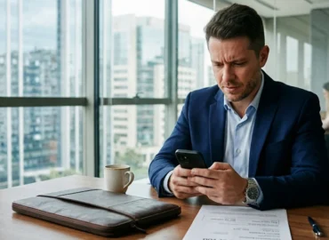 Profissional em escritório em São Paulo analisando no celular as regras de reembolso de passagem aérea após desistência da viagem.
