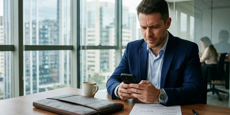 Profissional em escritório em São Paulo analisando no celular as regras de reembolso de passagem aérea após desistência da viagem.