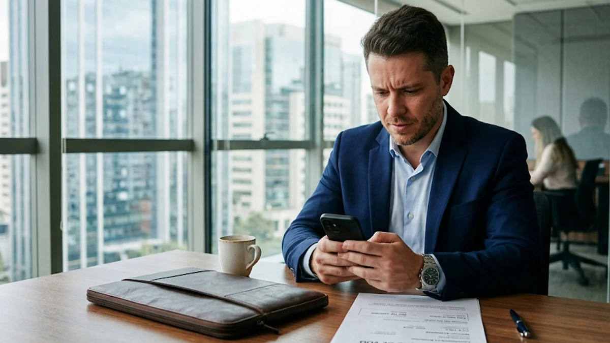 Profissional em escritório em São Paulo analisando no celular as regras de reembolso de passagem aérea após desistência da viagem.
