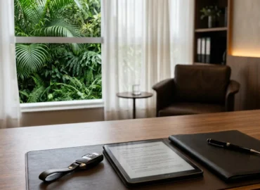 Chave de carro e documento contratual de transferência de financiamento veicular sobre mesa de atendimento jurídico em São Paulo.