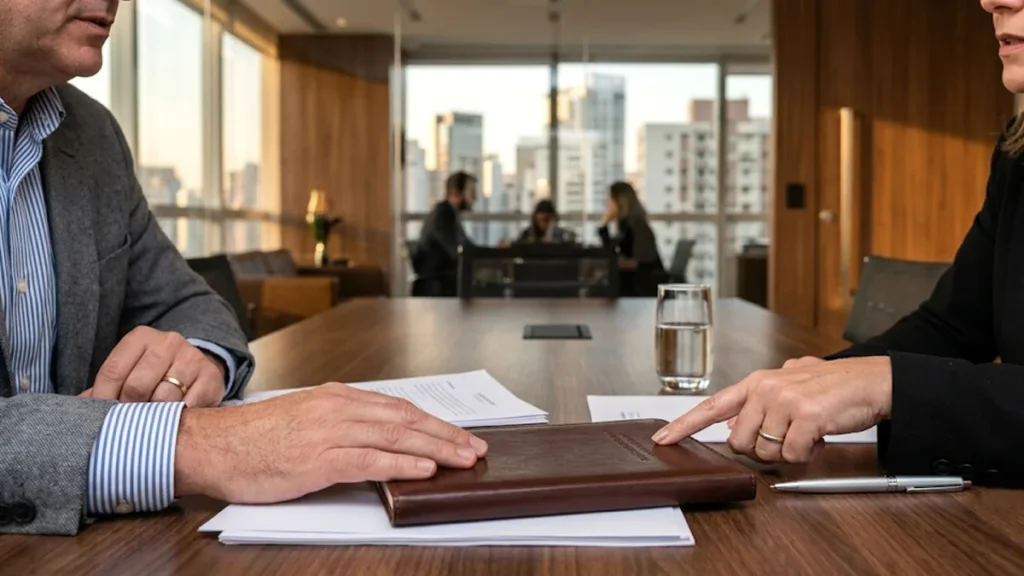 Mãos de um homem e uma mulher em uma mesa de escritório em São Paulo, discutindo um documento, com um notebook e papéis à frente, em uma conversa profissional e intimista.