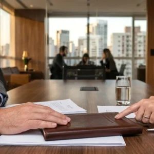 Mãos de um homem e uma mulher em uma mesa de escritório em São Paulo, discutindo um documento, com um notebook e papéis à frente, em uma conversa profissional e intimista.