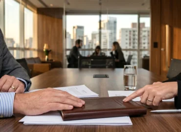 Mãos de um homem e uma mulher em uma mesa de escritório em São Paulo, discutindo um documento, com um notebook e papéis à frente, em uma conversa profissional e intimista.