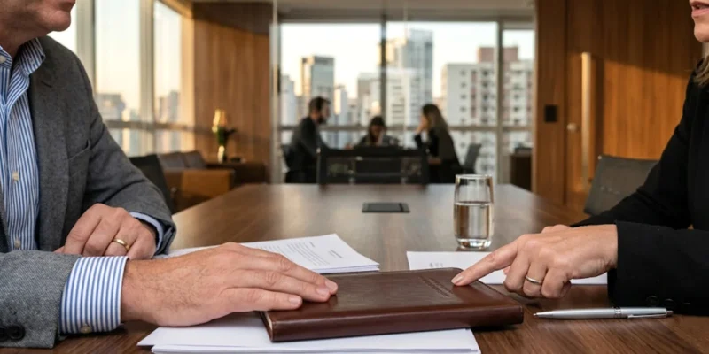 Mãos de um homem e uma mulher em uma mesa de escritório em São Paulo, discutindo um documento, com um notebook e papéis à frente, em uma conversa profissional e intimista.