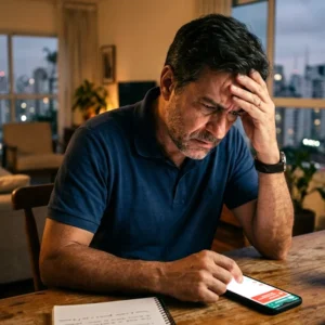 Homem de meia-idade em São Paulo olhando preocupado para o celular após sofrer golpe do Pix no WhatsApp.