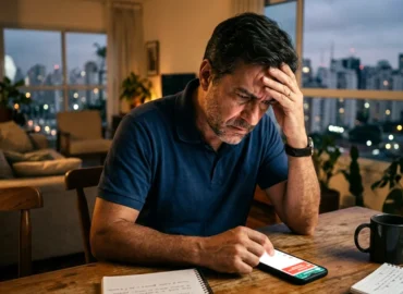 Homem de meia-idade em São Paulo olhando preocupado para o celular após sofrer golpe do Pix no WhatsApp.