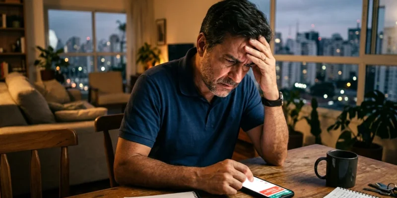 Homem de meia-idade em São Paulo olhando preocupado para o celular após sofrer golpe do Pix no WhatsApp.