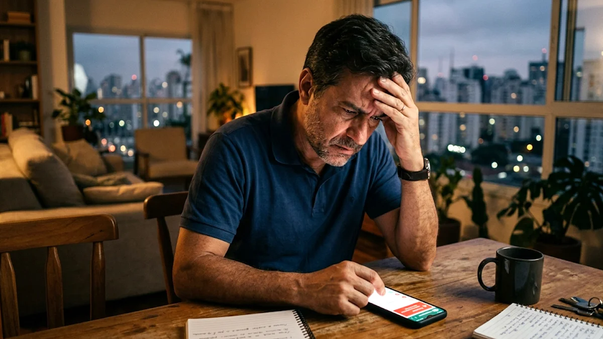 Homem de meia-idade em São Paulo olhando preocupado para o celular após sofrer golpe do Pix no WhatsApp.