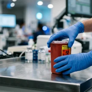 Profissional da saúde com luvas de proteção manuseando material de risco em laboratório, exemplificando atividade com direito a adicional de insalubridade.