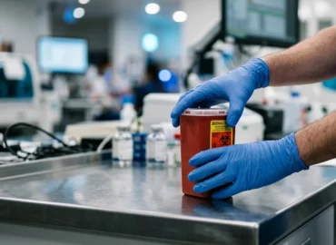 Profissional da saúde com luvas de proteção manuseando material de risco em laboratório, exemplificando atividade com direito a adicional de insalubridade.