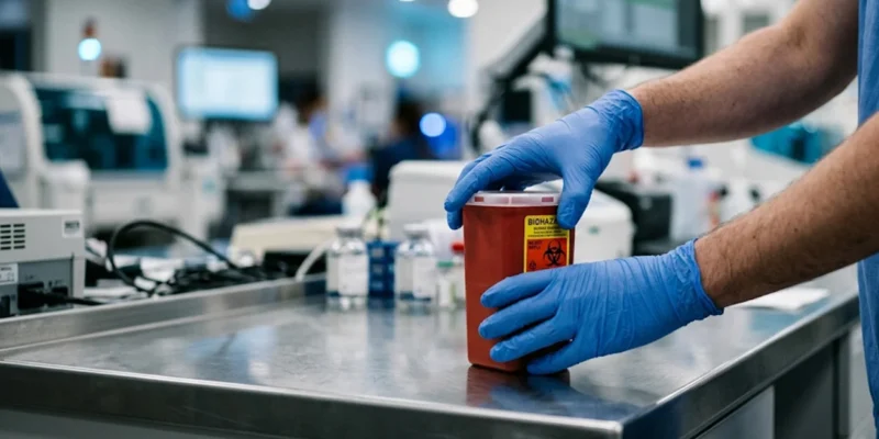 Profissional da saúde com luvas de proteção manuseando material de risco em laboratório, exemplificando atividade com direito a adicional de insalubridade.