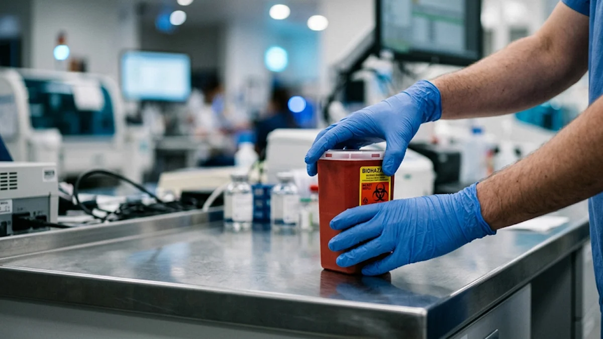 Profissional da saúde com luvas de proteção manuseando material de risco em laboratório, exemplificando atividade com direito a adicional de insalubridade.