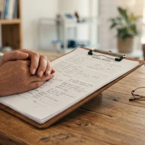 Mãos segurando prontuário médico e guia de autorização de procedimento cirúrgico em consulta de avaliação em São Paulo.